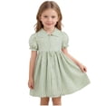 thumbnail image 1 of Little Girls Summer Striped Dress Puff Sleeve Ruffle Collared Dress Semi Formal Casual Cute Toddler Clothes Green, 5 Years, 1 of 7
