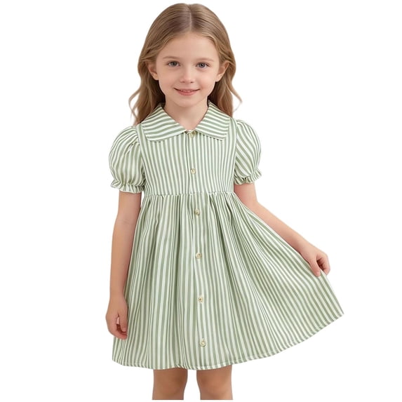 Little Girls Summer Striped Dress Puff Sleeve Ruffle Collared Dress Semi Formal Casual Cute Toddler Clothes Green, 5 Years
