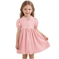 thumbnail image 1 of Little Girls Summer Striped Dress Puff Sleeve Ruffle Collared Dress Semi Formal Casual Cute Toddler Clothes Pink, 5 Years, 1 of 7