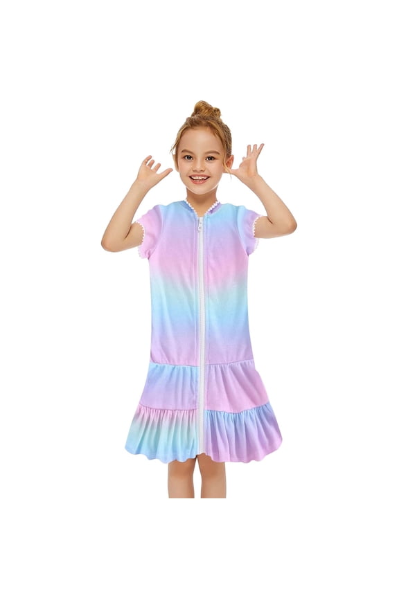 Little Girls Swim Coverup Kids Rainbow Swimsuit Coverup Zip Up Beach Bathing Suit Hooded Bathrobe Beach Dress Size 2-3T