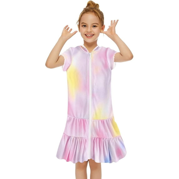 Little Girls Swim Coverup Kids Rainbow Swimsuit Coverup Zip Up Beach Bathing Suit Hooded Bathrobe Beach Dress Size 5-6T