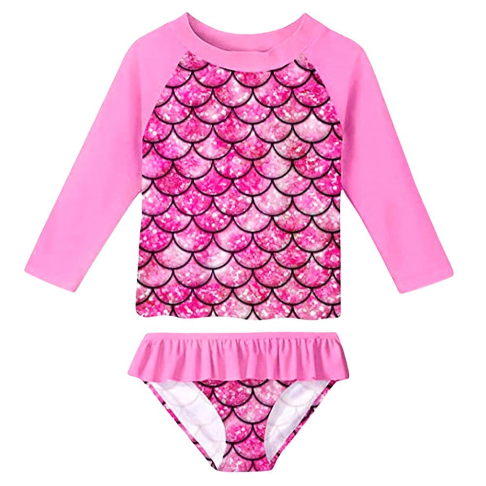 Little Girls Swimsuit Set Long Sleeve Print Sun Protection Bathing