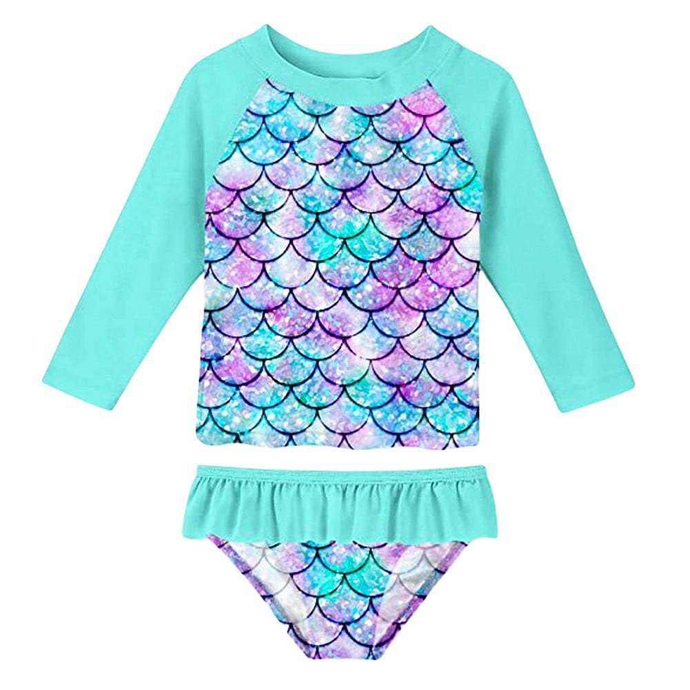 Little Girls Swimsuit Set Long Sleeve Print Sun Protection Bathing