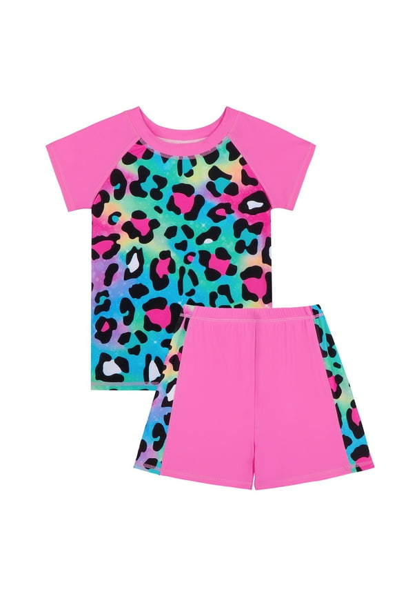 Little Girls Swimsuits Bathing Suit Short Sleeve Swimwear Leopard Heart Printed Swim Shirts and Rash Guards Size 5-6T