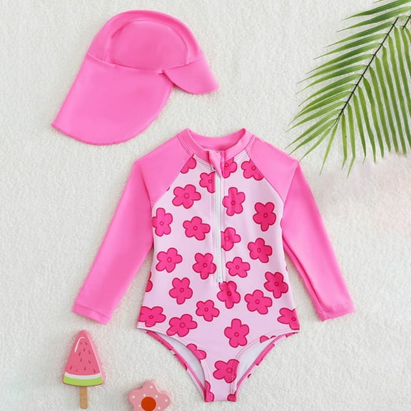 Little Girls Swimsuits Floral Print One-Piece Bathing Suits Cute Long Sleeve Zipper Beach Swimwear with Hat,Red,9-12 Months
