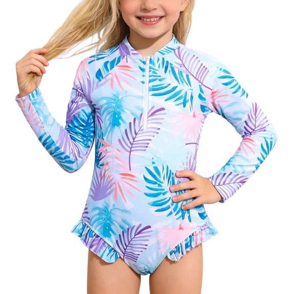 Little Girls Swimsuits One Piece Girls Bathing Suits Size 8, Girls Long Sleeve Zip Front Swimsuit With Floral Print UPF 50 Sun Rash Guard Bathing