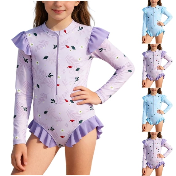 SROBPTY Little Girls Swimsuits Print Crew Neck Long Sleeve Bathing Suits for 3-10Y