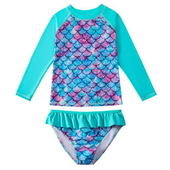 Little Girls Swimsuits Two Pieces Mermaid Swimwears Long Sleeve Beach Bathing Suit 3-9T