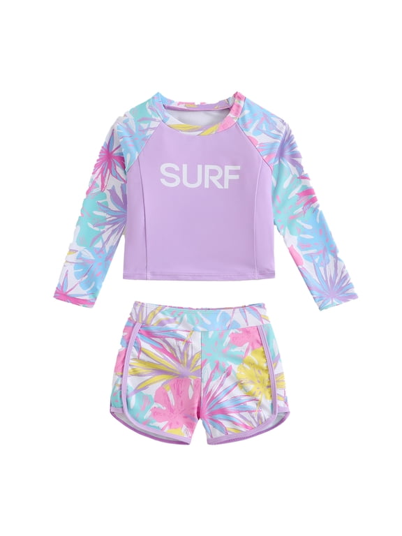 Little Girls Swimwear Long Sleeve Two Piece Bathing Suit Leaf Print Crewneck Cute Swimsuits Summer Beach Pool Clothes for Kids Size 5-6T