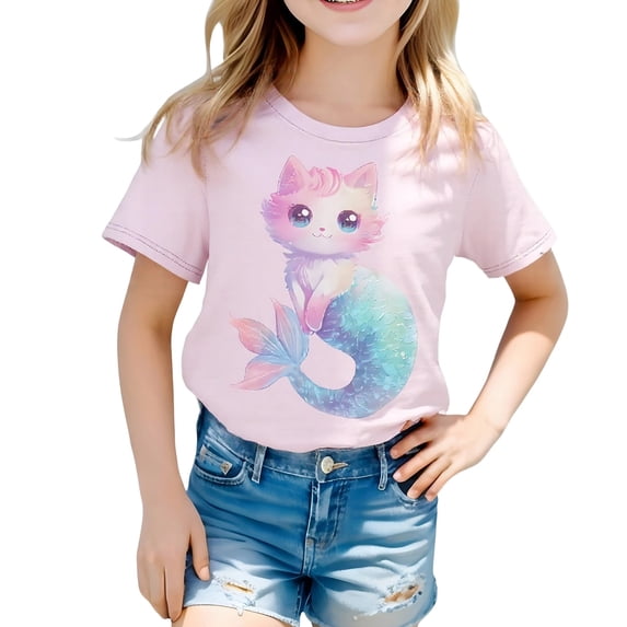 Little Girls T-Shirt Fashion Cute Print Short Sleeve Round Neck Tee Top Tees Size 6-7T
