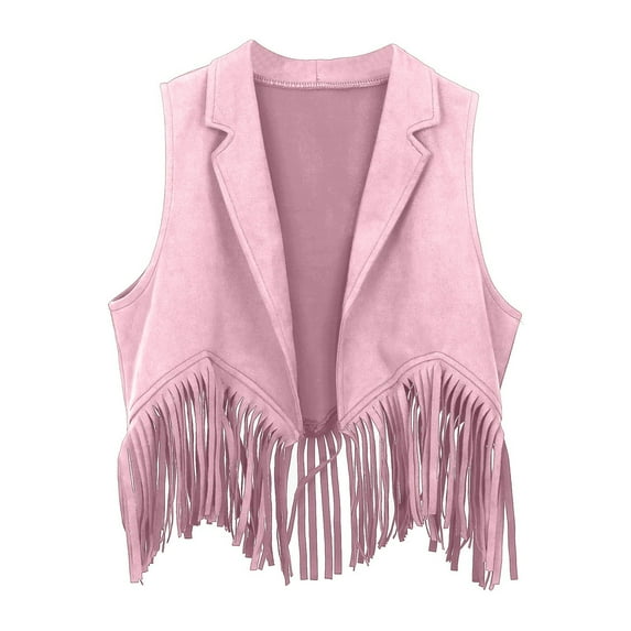 Little Girls T Shirt Western Cow Open Front Fringe Vest Party Dress Up Tassel Fringe Waist Coat Roleplay Girls' Tops, Tees & Blouses Size 7-8T,Pink
