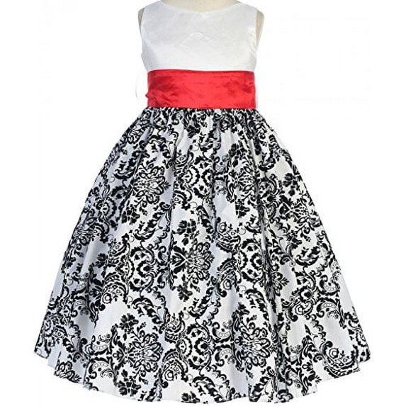 Little Girls Taffeta Sashed Velvet Flocked Floral Print Easter Summer Flower Girl Dress Red 2 (K29D2)