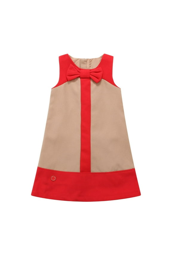 Little Girls Tan Red Bow Decorated Sleeveless Dress 1/2