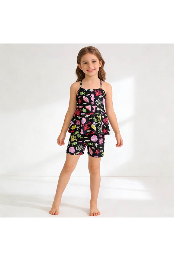 Little Girls Tankini Set Bathing Suit Graphic Sleeveless Swimsuit Upf 50+ Floral Print Two Piece With Shorts For Beach Pool
