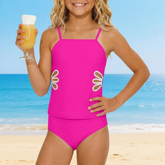 Little Girls Tankini Set Bathing Suit Solid Color Sleeveless Swimsuit Upf 50+ Print Two Piece With Briefs For Beach Pool