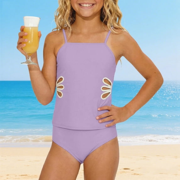 Little Girls Tankini Set Bathing Suit Solid Color Sleeveless Swimsuit Upf 50+ Print Two Piece With Briefs For Beach Pool