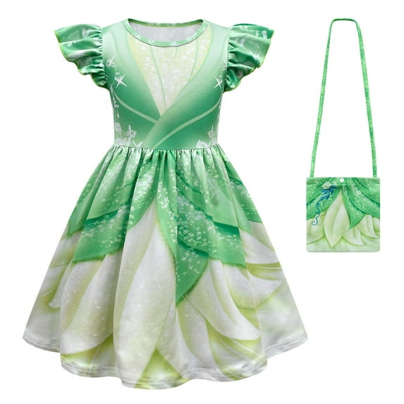 Little Girls Tiana Costume Princess Dress Halloween Ruffle Sleeve Dress Outfit