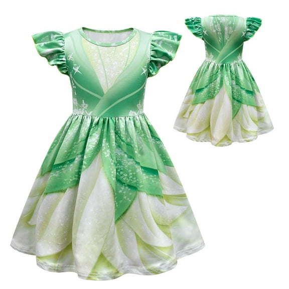 Little Girls Tiana Costume Princess Dress Halloween Ruffle Sleeve Dress Outfit