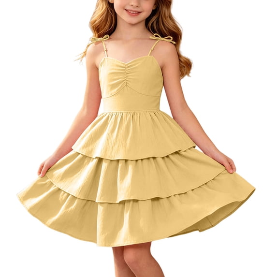 Little Girls Tiered Cake Dress 3-13Y Spaghetti Strap Bow Shoulder Ruched Bust Ruffle Flared A Line Dress for Birthday Party & Family Photoshoot Yellow 13-14 Years