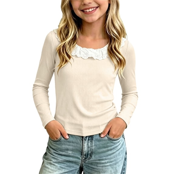 Little Girls Tops Layering Crew Neck Ruffle Loose Pullover Long Sleeve Color Block Casual Trendy Outfits Beige 1-2Years