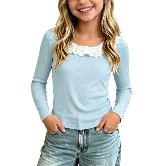 Little Girls Tops Layering Crew Neck Ruffle Loose Pullover Long Sleeve Color Block Casual Trendy Outfits Blue 3-4Years