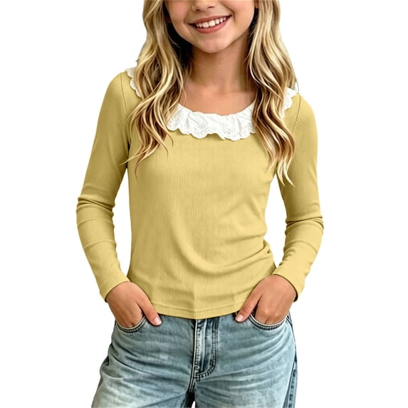 Little Girls Tops Layering Crew Neck Ruffle Loose Pullover Long Sleeve Color Block Casual Trendy Outfits Yellow 3-4Years