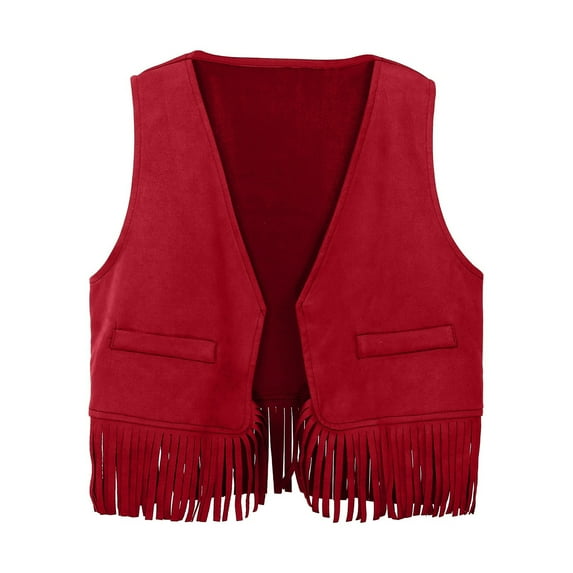 Little Girls Tshirts Western Cow Vest Tassel Fringe Waist Coat Party Roleplay Girls' Tops, Tees & Blouses Size 5-6T,Red