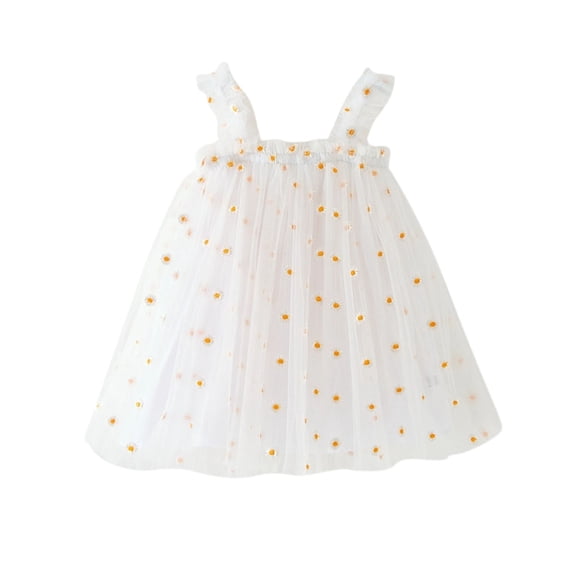 Little Girls Tulle Dresses Summer Casual Sleeveless Floral Embroidered Toddler Tutu Layered Dresses ( White, 6-7 Years )