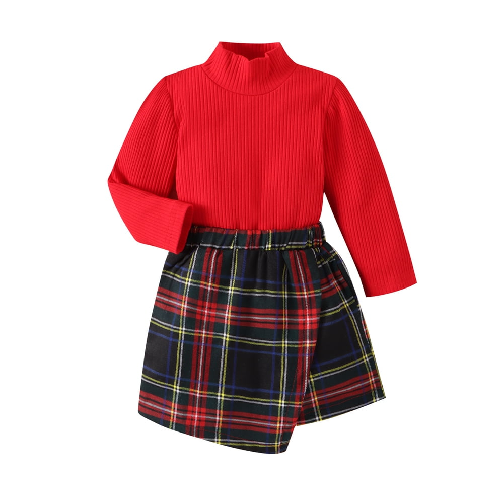 Little Girls Turtleneck Base TShirt With Plaid Skirt 2Piece Set