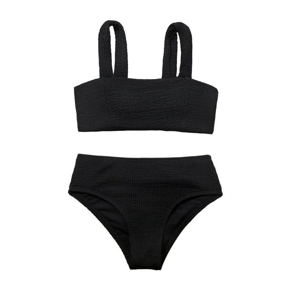 Little Girls Two-Piece Swimsuit Bikini Set Swimwear Solid Color Two Piece Set Black,6-7T Bathing Suits For Teens