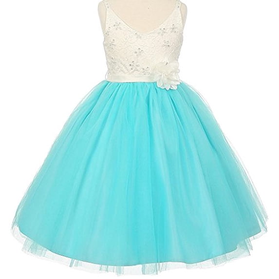 Little Girls Two Tone V Neck Beaded Lace Top Flowers Girls Dresses Aqua Size 6