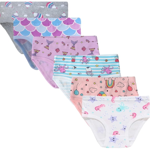 Little Girls Underwear Parachute Prints Kids Cool Mermaid Panties Soft Cotton Comfort Breathable Briefs Toddler Flower Undies (Pack of 6) Size 10
