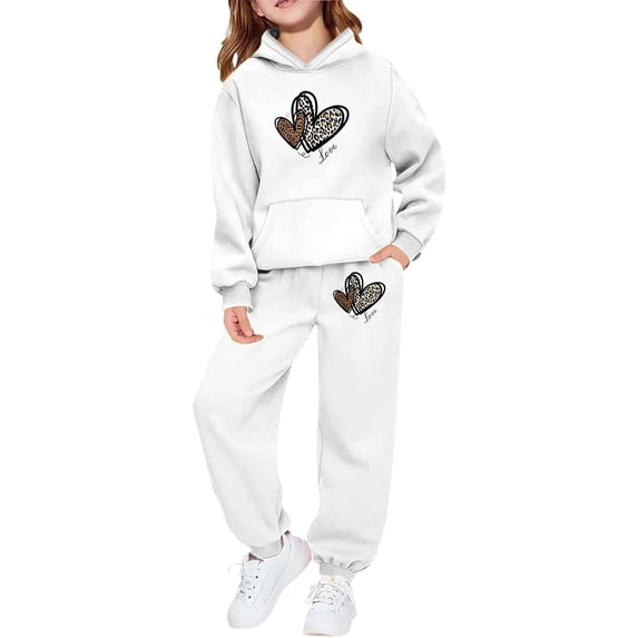 Little Girls Valentines Day Animal Print Hooded Sweatshirt Jogger With Heart Design Two Piece Outfit Kids Sets Clothes