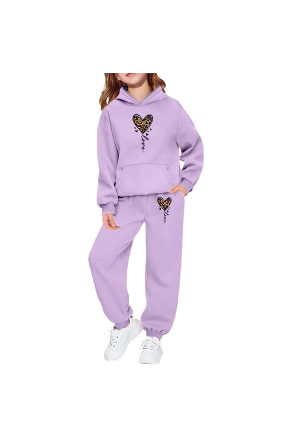 Little Girls Valentines Day Hooded Tracksuit Leopard Print Heart Design Jogger Outfit With Pockets Sets Clothes