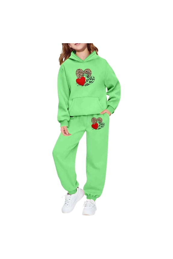 Little Girls Valentines Day Hooded Tracksuit With Leopard Print Heart Design Jogger Outfit Kids Casual Sets Clothes