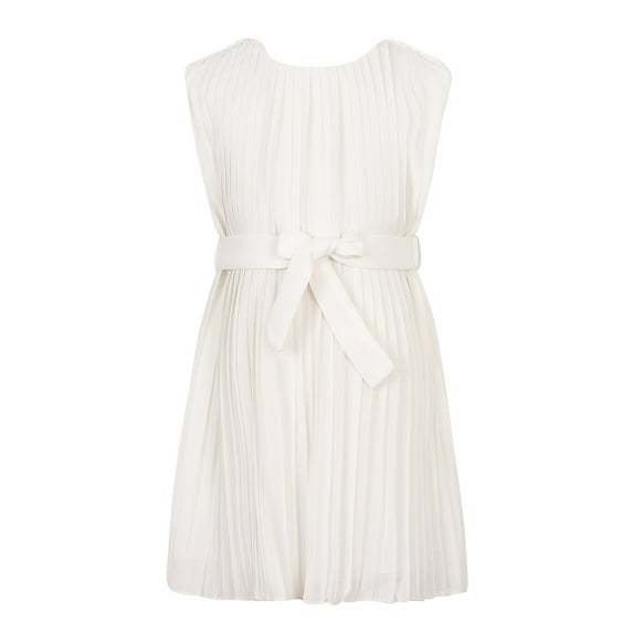 Little Girls White Belted Summer Chiffon Pleated Dress 7