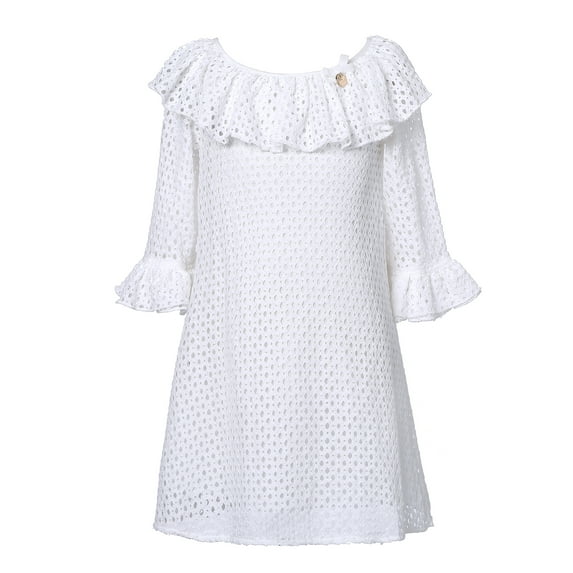 Little Girls White Bow Ruffled Sleeve Neckline Hollow Dress 6