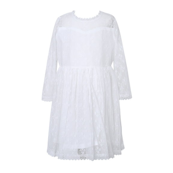 Little Girls White Floral Lace Overlaid Long Sleeved Dress 2