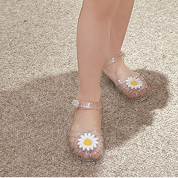 Little Girls White Glitter Jelly Sandals Closed Toe Non-Slip Summer Shoes with Daisy Flower,Size 34