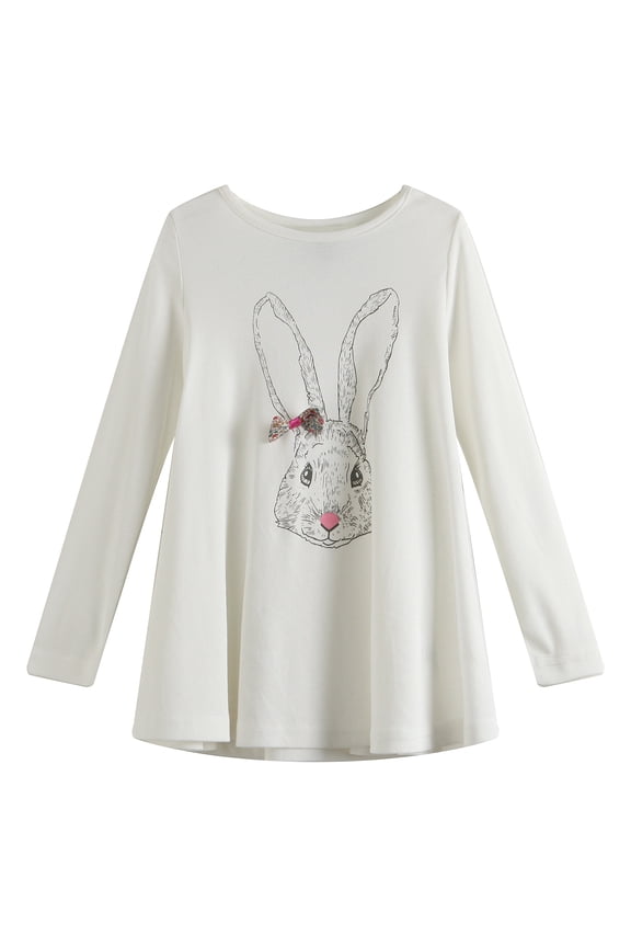 Little Girls White Rabbit Print Floral Bow Flared Top 3-6