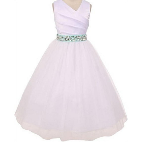 Little Girls White Rhinestone Belt Communion Flowers Girls Dresses Mint 6