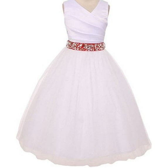 Little Girls White Rhinestone Belt Communion Flowers Girls Dresses Red 6