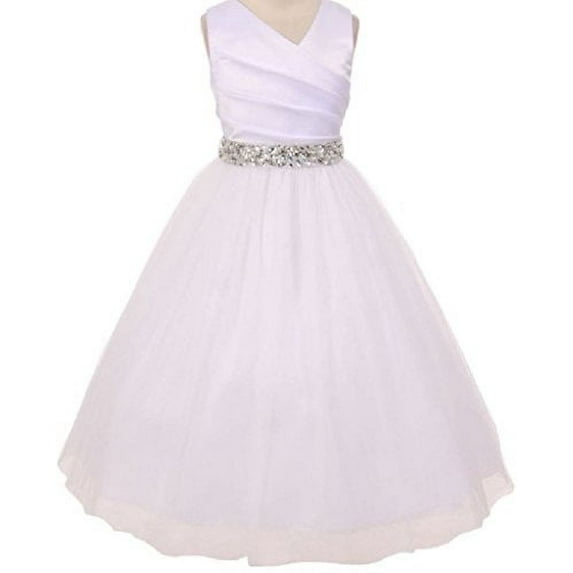 Little Girls White Rhinestone Belt Communion Flowers Girls Dresses Silver 6
