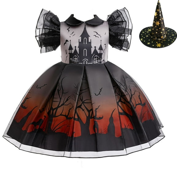 Little Girls Witch Costume Dress Halloween Party Outfit With Hat