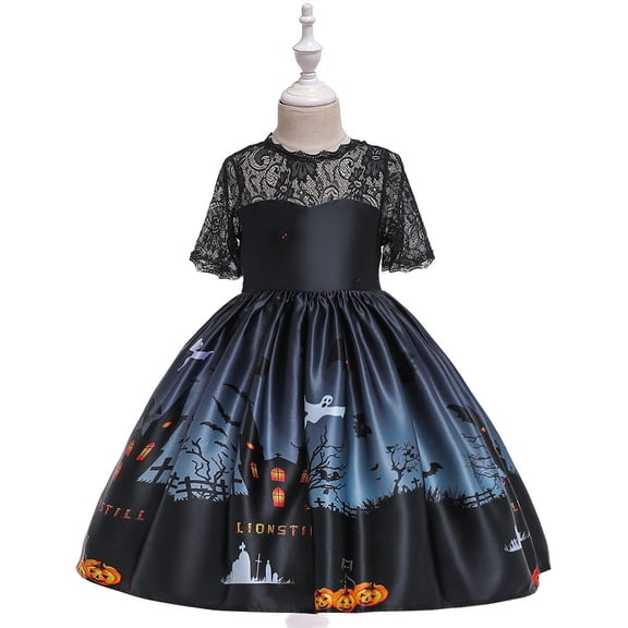 Little Girls Witch Costume with Hat Halloween Princess Lace Dress Outfit