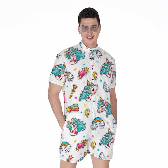 Little Girly Unicorn Pattern Short Sleeve Men'S Rompers Casual Summer Jumpsuits Outfit
