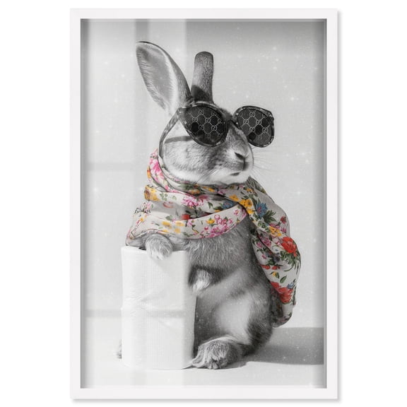 Little Glam Roll Rabbit Shadowbox Print Bathroom Wall Decor by Art Remedy, White Frame, 24 x 36