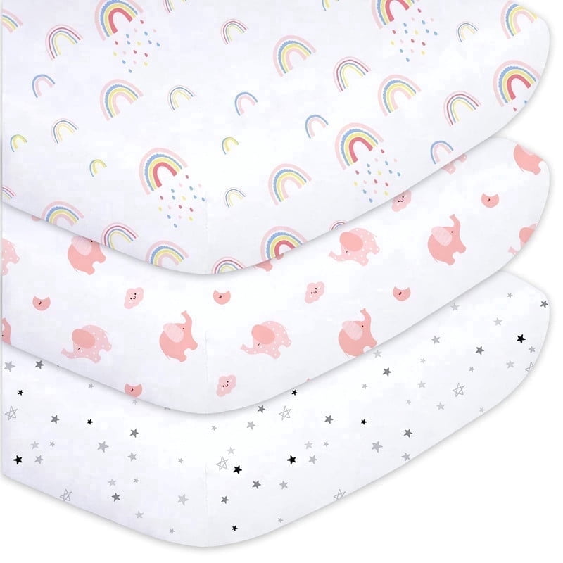 Little Grape Land Crib Sheets for Baby Girls 3 Pack, 28"x 52" Extra Soft Microfiber Crib Sheet Set for Standard Crib & Toddler Mattress Pad, Rainbow & Elephant & Stars