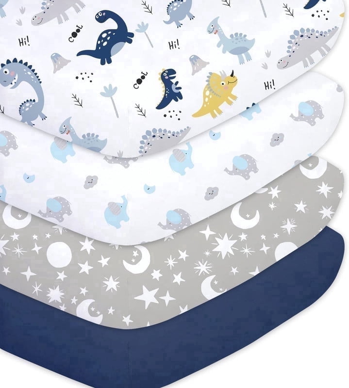 Little Grape Land Crib Sheets for Baby Boys 4 Pack, 28"x 52" Extra Soft Microfiber Crib Sheet Set for Standard Crib & Toddler Mattress Pad, Dinosaur & Elephant & Stars & Navy Blue