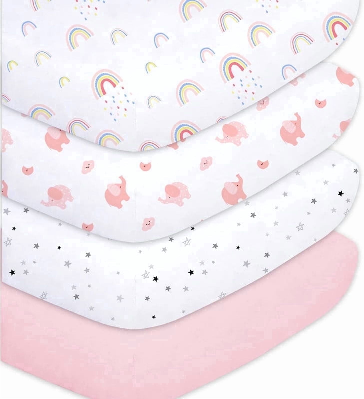 Little Grape Land Crib Sheets for Baby Girls Boys 4 Pack, 28"x 52" Extra Soft Microfiber Crib Sheet Set for Standard Crib & Toddler Mattress Pad, Rainbow & Elephant & Stars & Pink